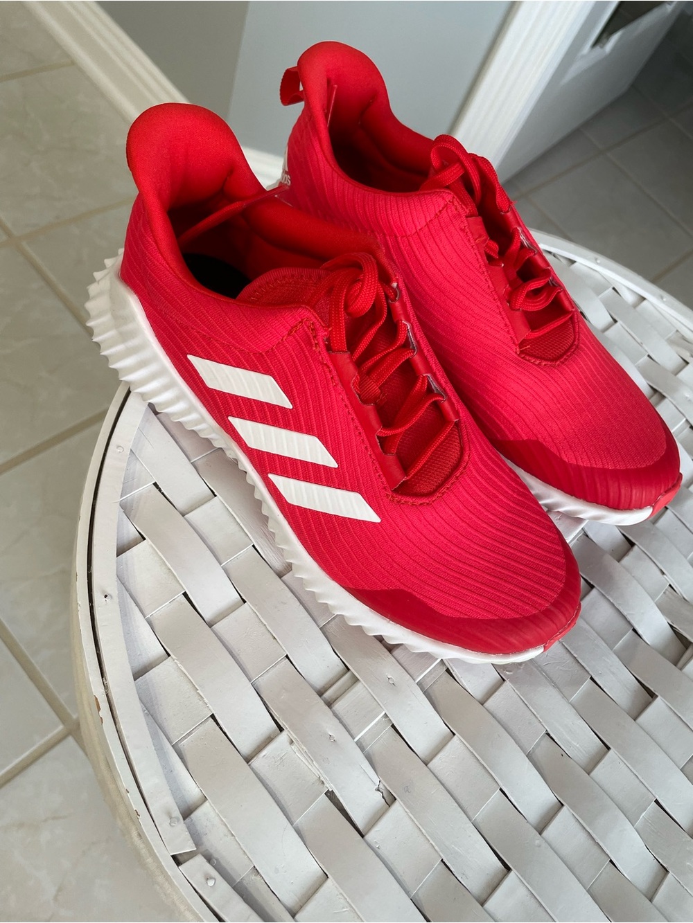 adidas Women Red Knit Sneakers with White Stripes